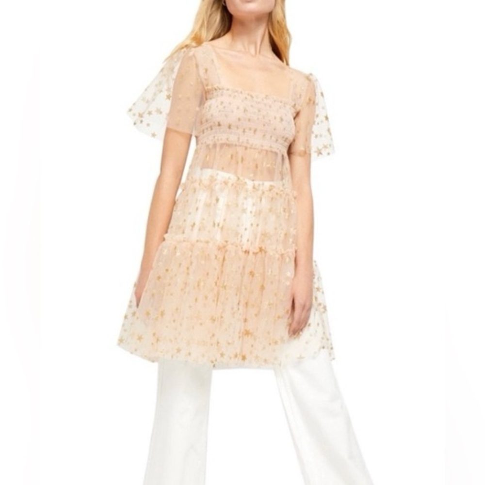 Free People Sheer Star-Embroidered Tiered Tunic Dress in Blush and Gold